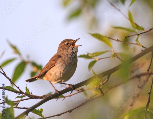 A small nightingale bird singing on a branch amidst lush green foliage with a soft blue sky backdrop