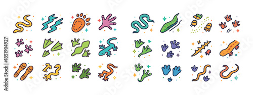 Colorful doodle reptiles and amphibians illustration with bright