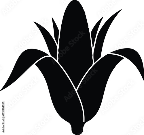Silhouette of a fresh corn cob with green leaves Vector Illustration