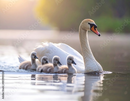 Mother swan leads adorable cygnets paddling gently on a serene forest river at dawn