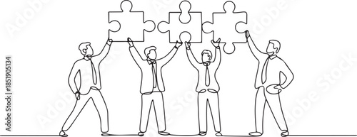 Continuous one line drawing of business people connecting jigsaw puzzle, working together, teamwork to solve problem concept. one line Icon drawing
