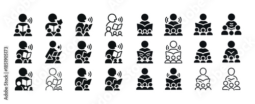 Set of 24 icons depicting diverse reading and listening activiti