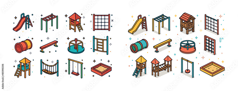 Fototapeta premium Colorful playground equipment icons featuring swings, slides, an