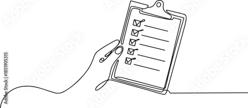continuous line drawing of clipboard.one line drawing of hand holding clipboard and managing list. single line vector illustration. one line Icon drawing