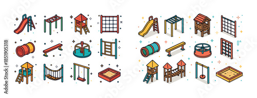 Colorful playground equipment icons featuring swings, slides, an