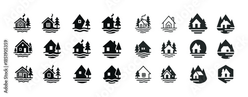 Black and white cabin icons set featuring nature elements with t