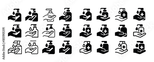 Collection of hand sanitizer icons in various styles for hygiene