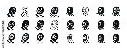 Collection of tire skid mark icons in various styles and pattern