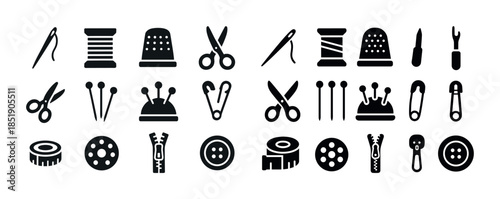 Sewing tools icons: scissors, needles, thimbles, pins, safety pi