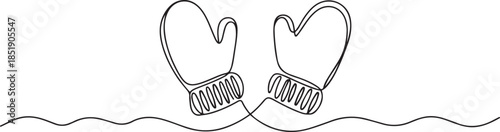 Continuous one line art of winter mittens floating in air on white background. Minimal one line art of gloves. one line Icon drawing