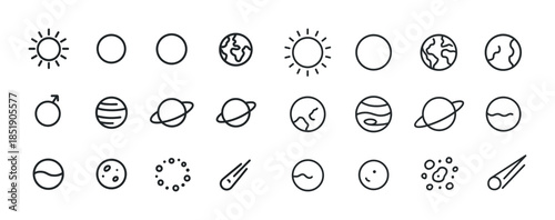 Minimalist solar system icons: sun, earth, planets, moons, aster