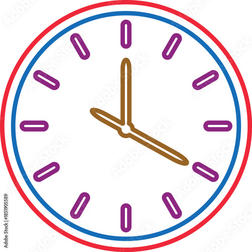Colorful analog clock with golden hands displaying approximately ten past twelve