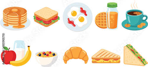 Large set of delicious breakfast and brunch food icons including pancakes eggs sandwiches coffee and fruit isolated on white background.