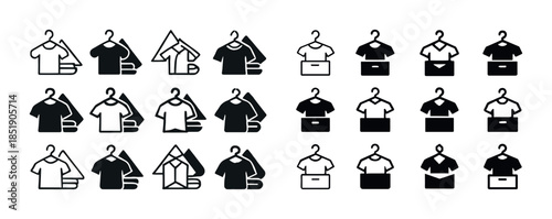 Variety of hanging garments and folded clothing icons in black a