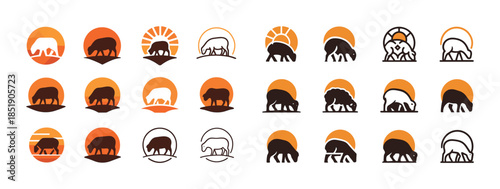 Elephant silhouette collection with sunset backgrounds in variou