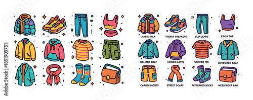 Colorful cartoon clothing collection with accessories: jackets,
