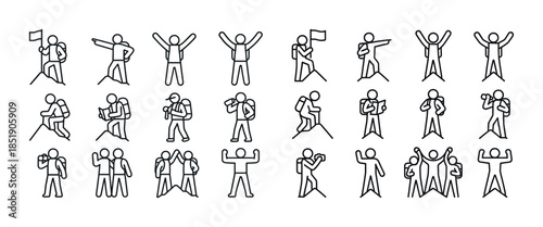 Icon set of people hiking and celebrating in outline style