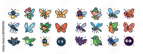 Colorful cartoon insects and fantasy creatures collection