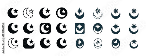 Variety of crescent moon and star symbol designs in black and da