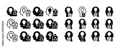 Icon set of human heads with recycling symbols and bulbs
