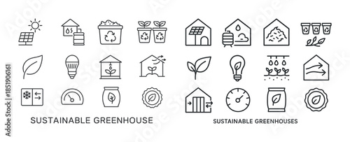 Sustainable greenhouse icons: renewable energy and environmental