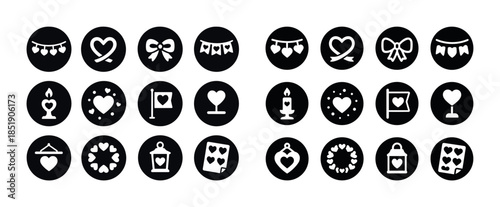 Set of 25 black and white romantic icon designs for valentine's