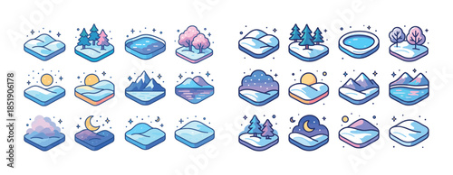 Vector set of winter landscapes with snowy trees and mountains
