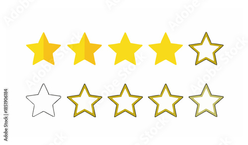 Yellow five stars vector icon collection with flat and outline rating symbols isolated on white background