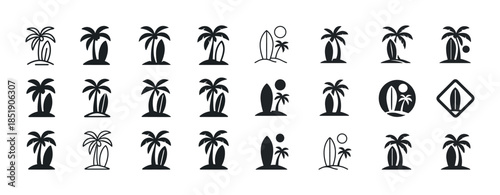 Tropical palm and surfboard icons collection