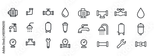 Plumbing line icons set: faucets, pipes, valves, gauges, wrench,