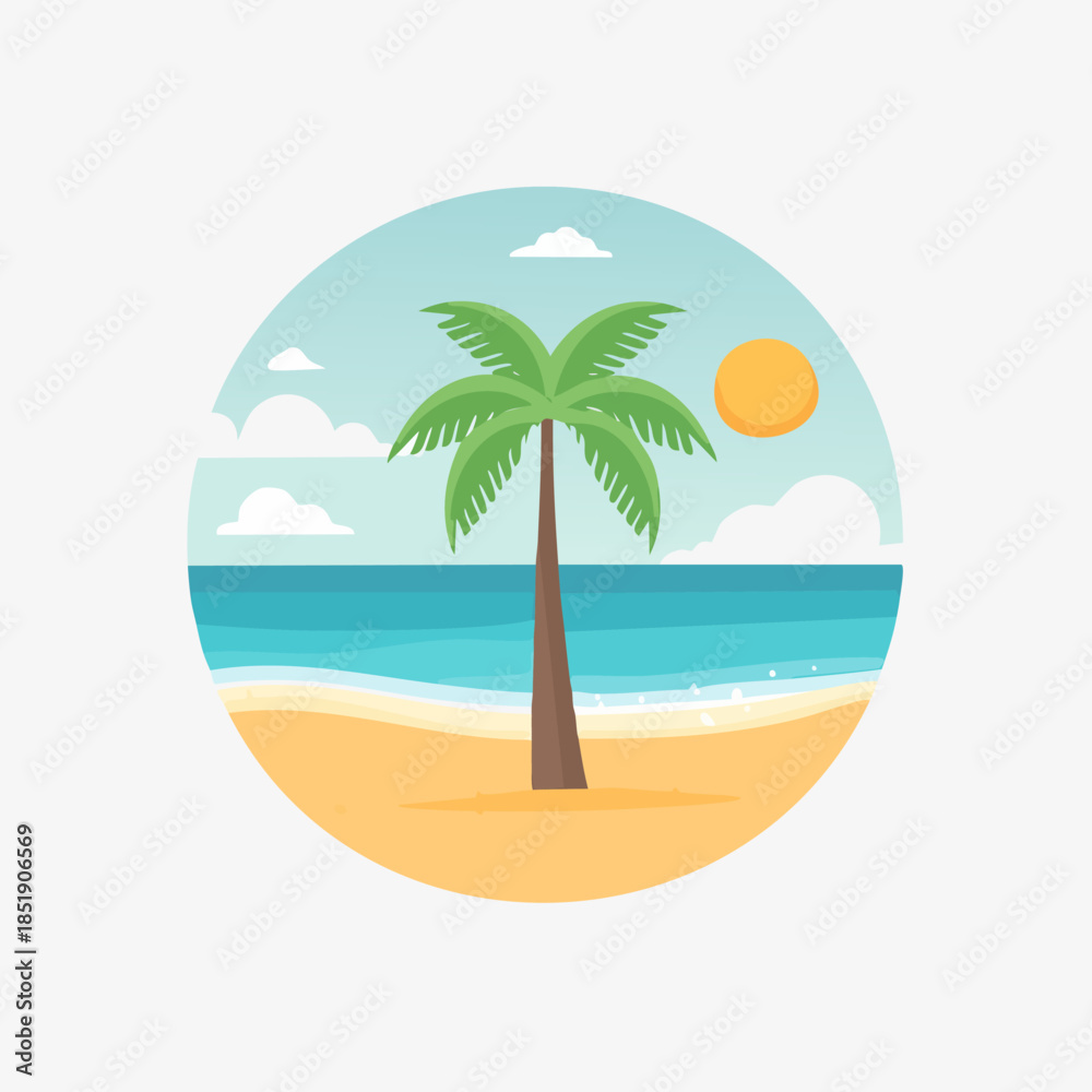 Obraz premium Tropical beach scene with palm tree and ocean view.
