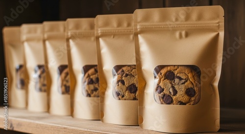 Craft paper bags hold soft cookies. Zipper pouches display bakery snacks. Wooden shelf holds row of packaging. Mockup template for eco-friendly packaging