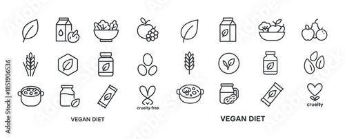 Vegan diet icons collection featuring food and cruelty-free symb