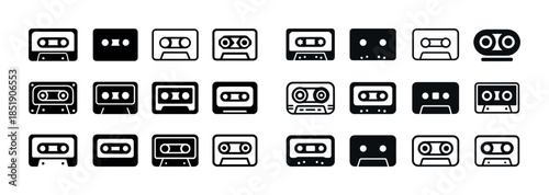 Black and white cassette tape icon set in various styles