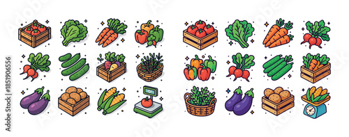 Colorful cartoon vegetables collection in wooden crates and bask