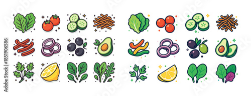 Colorful assortment of vegetables and fruits with herbs on white