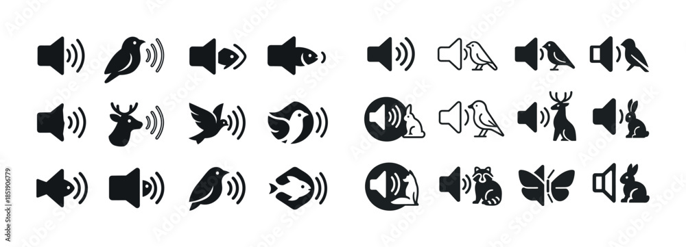 Obraz premium Animal sound icons: birds, deer, fish, and more in black and whi