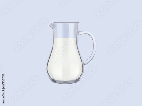 High quality 3D realistic vector illustration of transparent glass jug, pitcher with handle and spout, glossy vase isolated on white kitchen glassware design