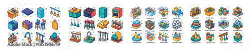 Colorful isometric kitchen icons featuring appliances and utensi