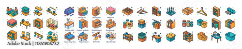 Isometric home organization icons: furniture, storage, cleaning