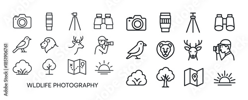 Wildlife photography icons: camera, binoculars, animals, nature
