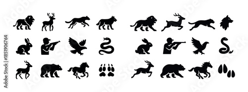 Silhouette icons of animals hunters and footprints in black