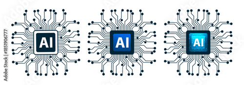 Set of futuristic artificial intelligence chips with connected data flow for technology, machine learning, automation, innovation, and future digital concepts.