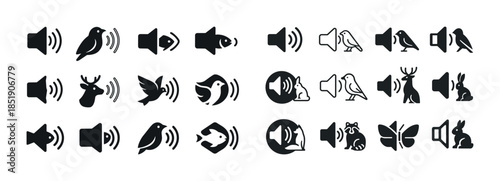 Animal sound icons: birds, deer, fish, and more in black and whi