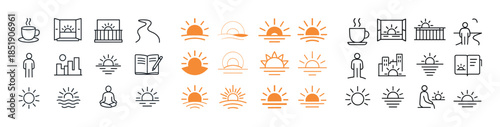 Minimalist sunrise and daily activity icons set in black and ora