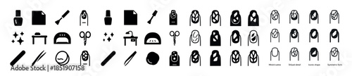 Manicure icons set: nail polish, files, scissors, styles and too