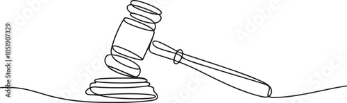 Judge hammer one continuous single line art drawing, One line drawing of judge hammer law symbol continuous hand drawn sketch minimalist design. one line Icon drawing