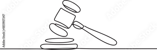 Judge hammer one continuous single line art drawing, One line drawing of judge hammer law symbol continuous hand drawn sketch minimalist design. one line Icon drawing