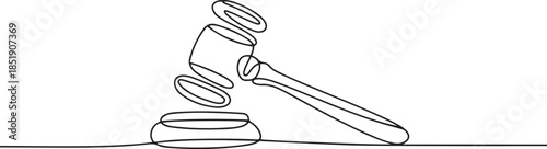 Judge hammer one continuous single line art drawing, One line drawing of judge hammer law symbol continuous hand drawn sketch minimalist design. one line Icon drawing