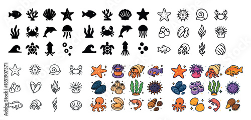 Underwater sea life icons: fish, shells, coral, and marine creat